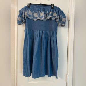 Plus embroidered off the shoulder denim style spring/summer dress!